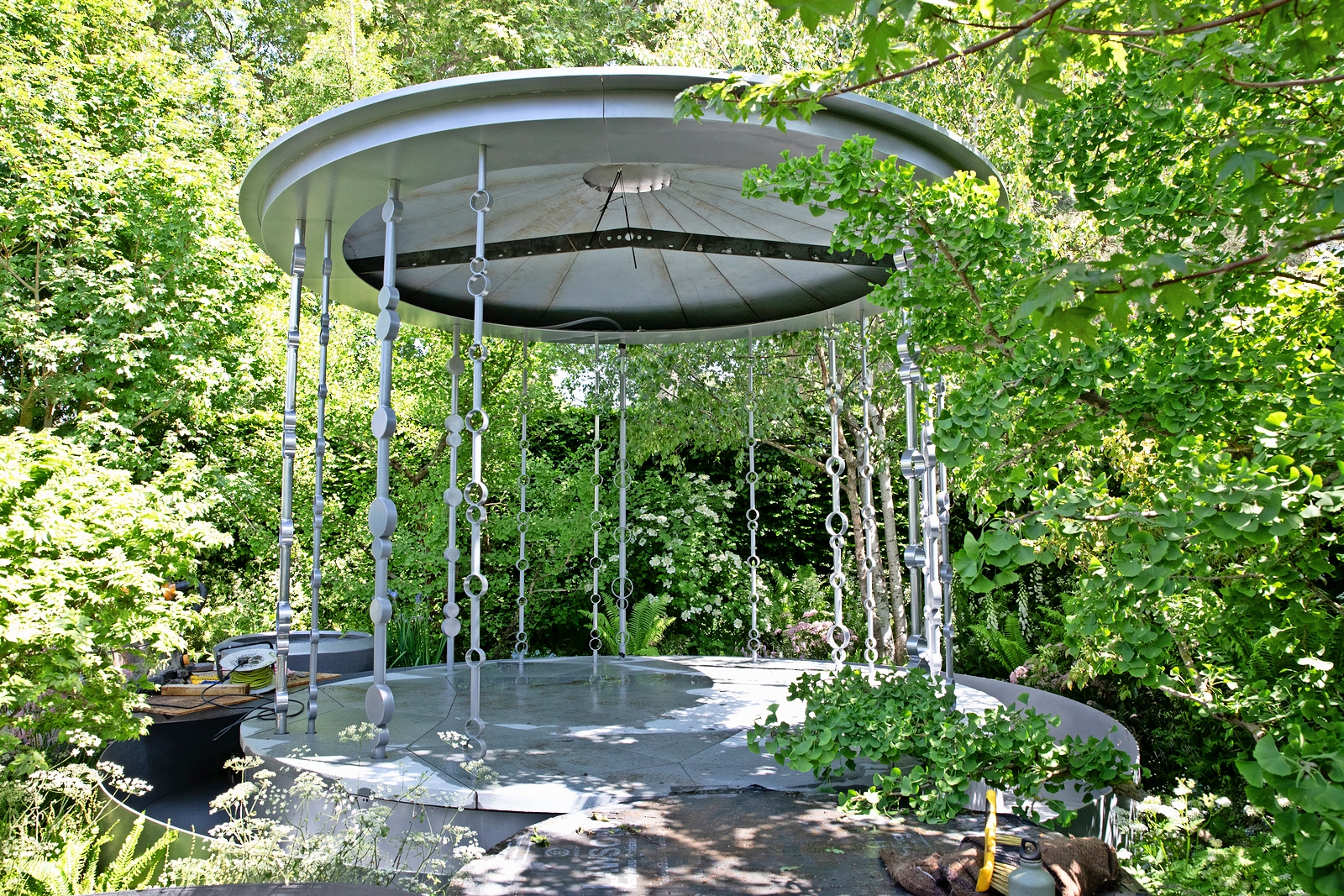 Metal gazebo in a garden.