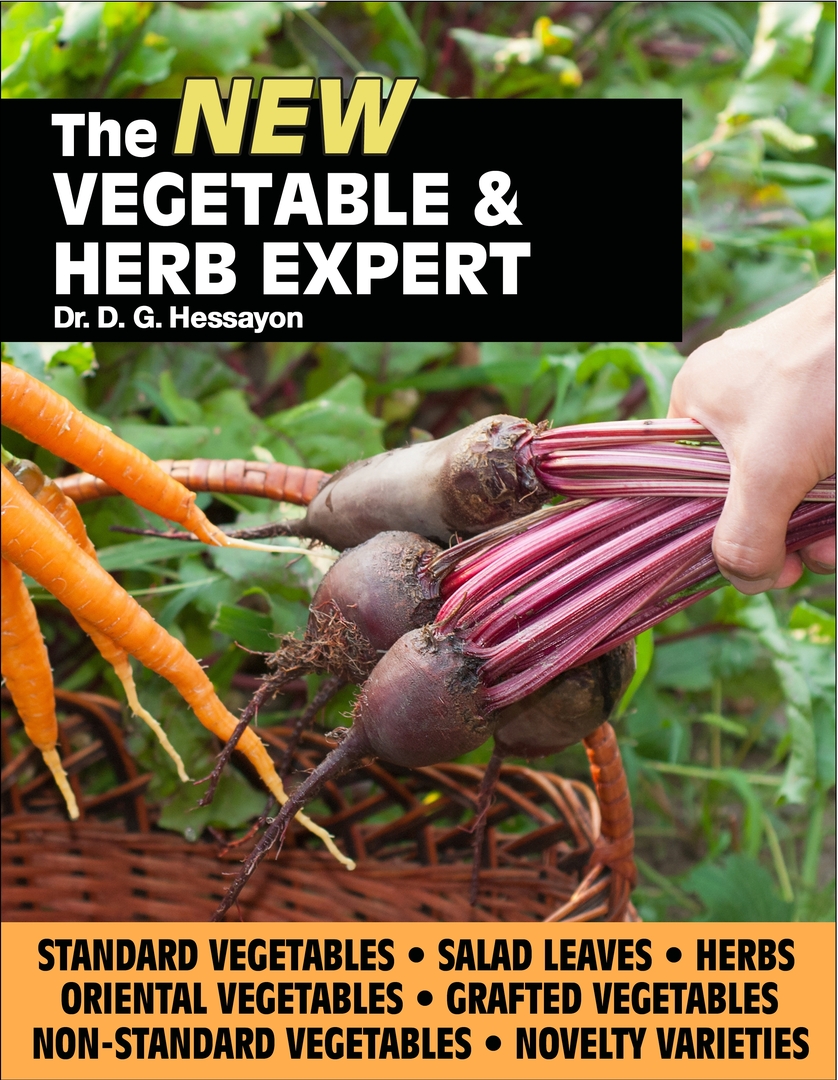 Cover of 'The New Vegetable Herb Expert' by Dr. D.G. Hessayon featuring carrots and beets.