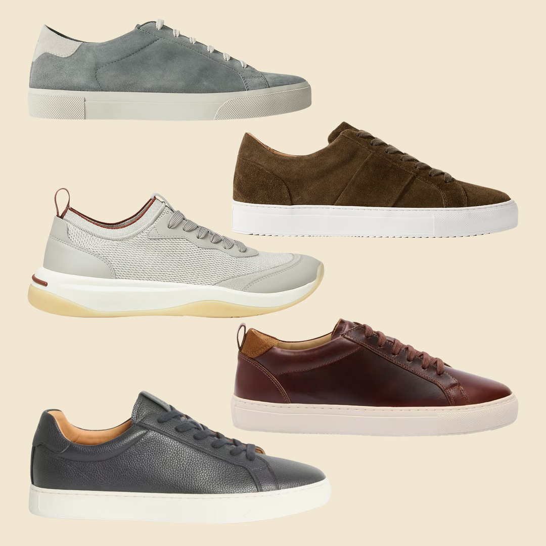 Collage of five men's sneakers in various colors and materials.