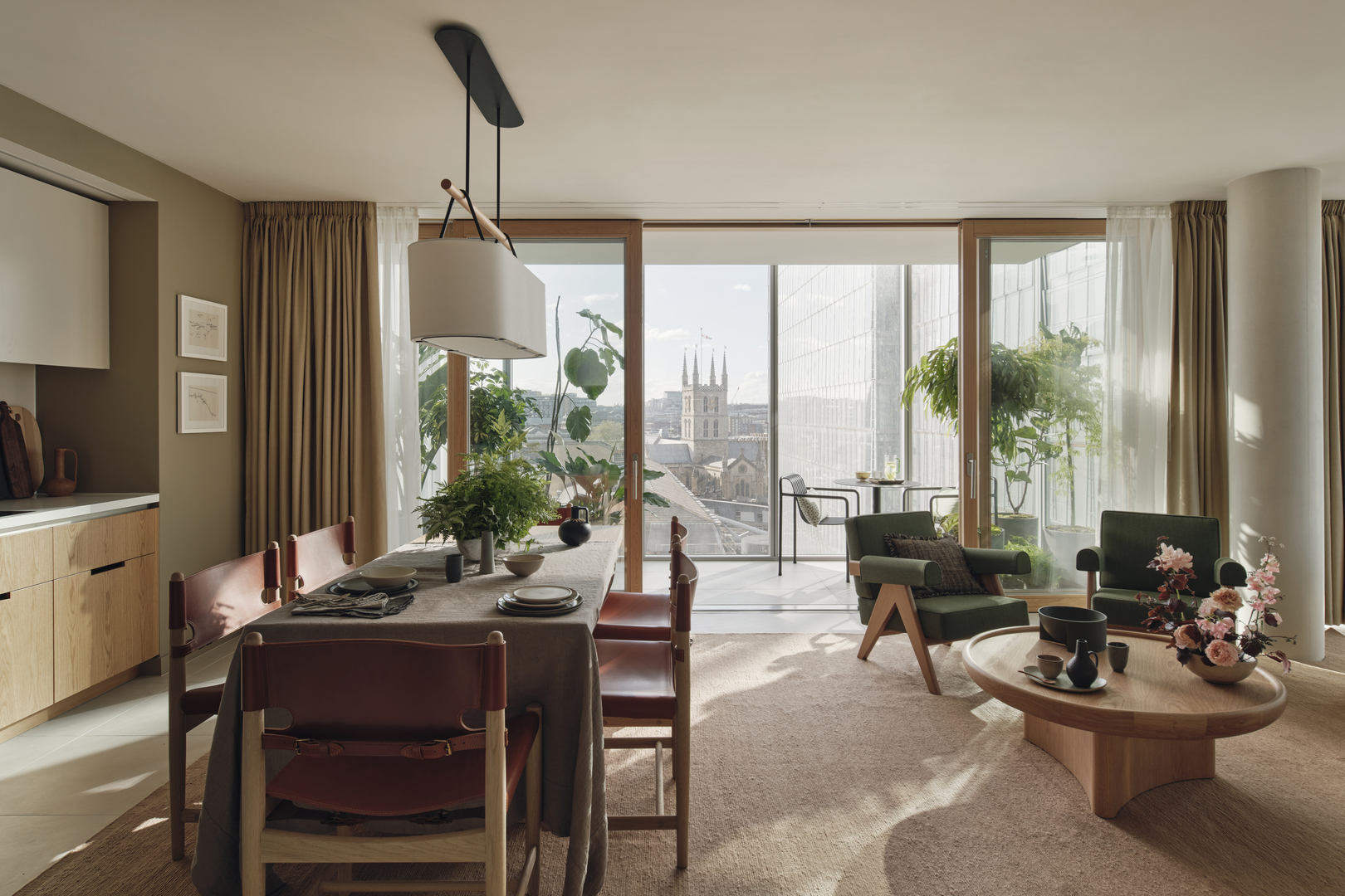 Apartment dining area with city view.