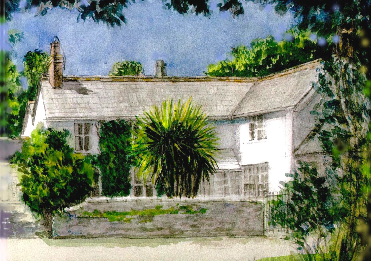 Watercolor painting of a white house.
