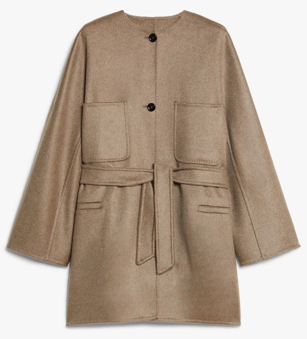 Beige belted coat with pockets.