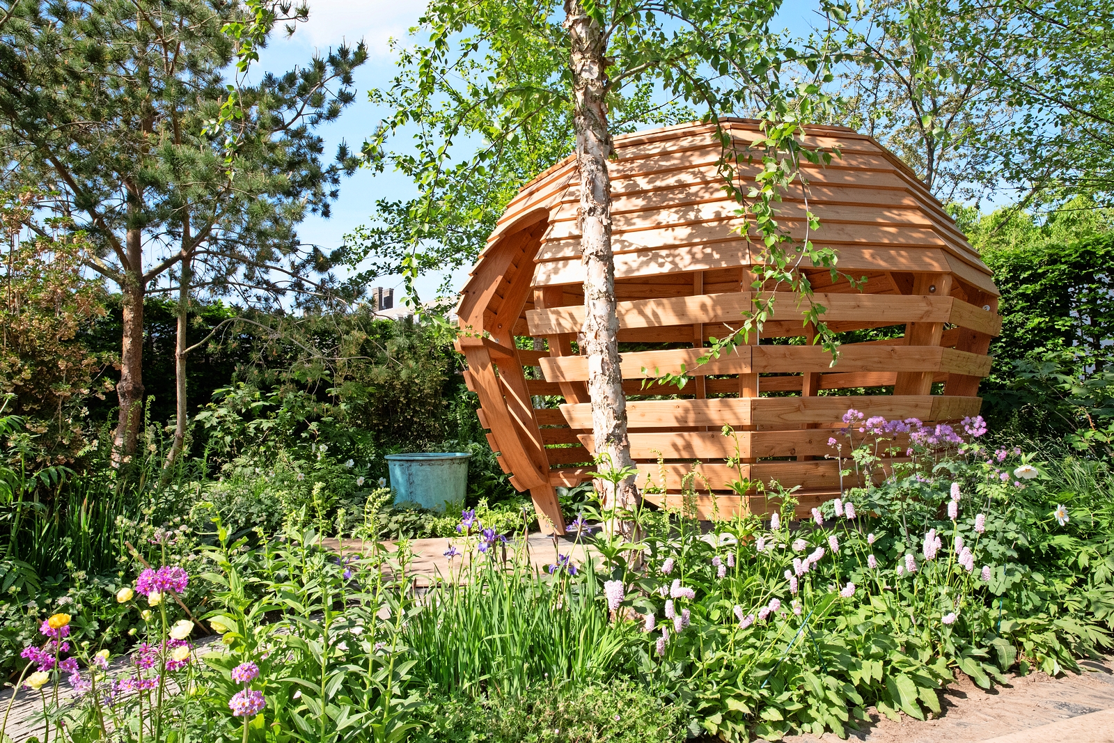Wooden garden structure at the Chelsea Flower Show.